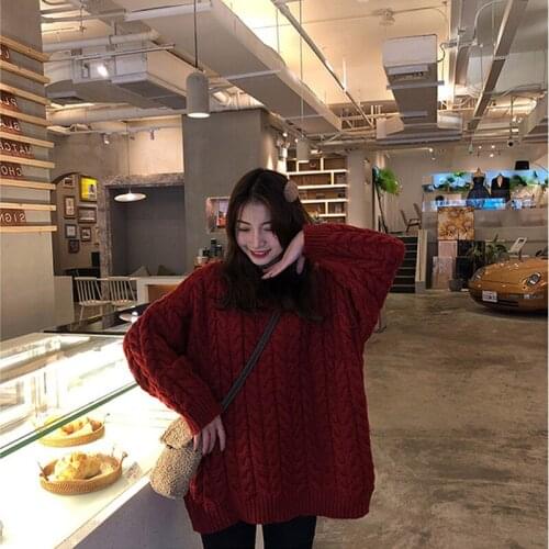 Winter Sweater Languid is lazy style Anedoki Retro Sweet Loose Knit Coat Cable- Knit Sweater Show Temperament Pullover