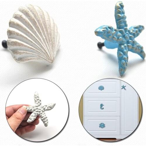 1pc Starfish Shell Handle Mediterranean Blue Retro Iron Crab Seahorse Fan Shell Door Handle Childrens Room Drawer Handle