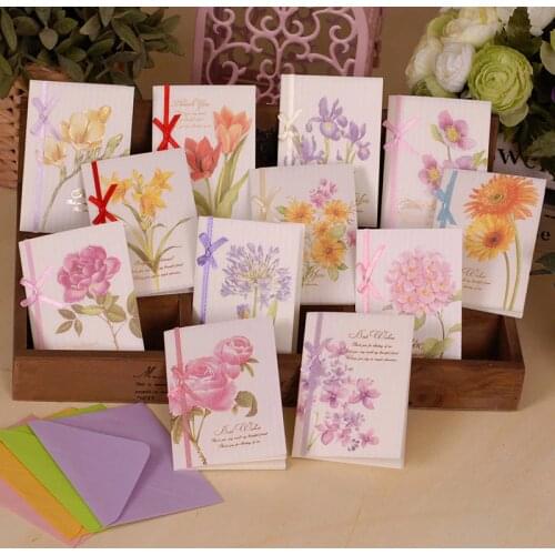 Booming flower cards with ribbon,beautiful flower thank you greeting cards,thank you card stationery