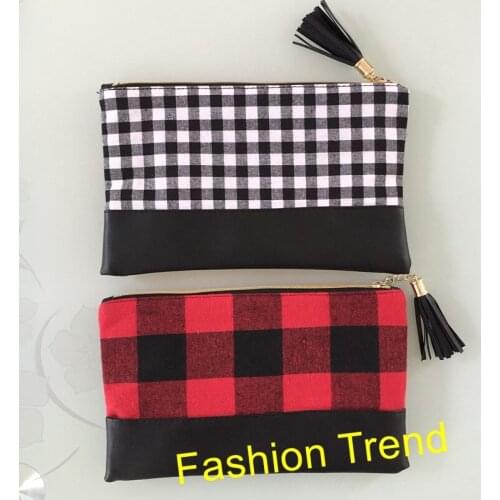200pcs/lot Wholesale 2018 most popular christmas personalized blank monogram red plaid pu leather cosmetic bag woman pouch