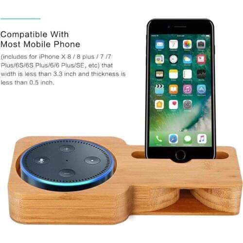 Bamboo Protective Holder Speaker Stand Phone Holder Bracket for Amazon Echo Dot, Echo Plus and iPhone X/iPhone 8 XS Samsung