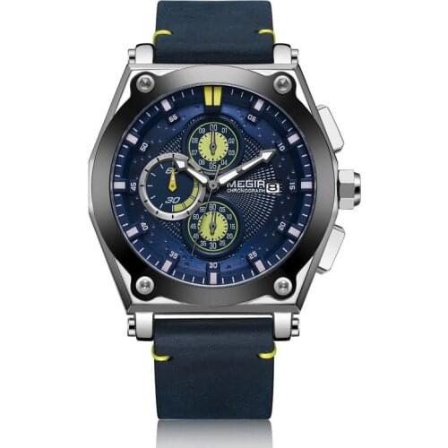MEGIR Top Brand Blue Quartz Men Watches Leather Strap Chronograph Sport Wrist Watch Men Clock Relogio Masculino Reloj Hombre 098
