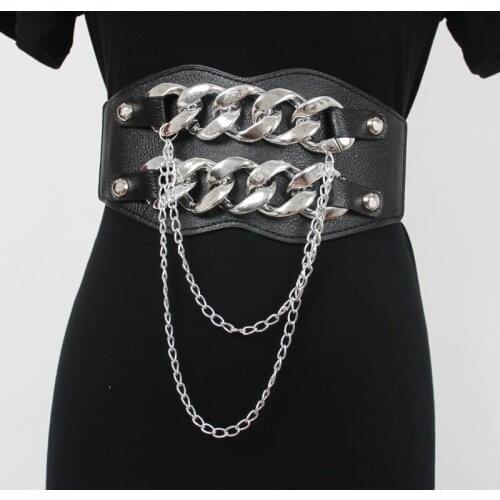Double Layers Chains Waist Belt Wide Elastic Pu Leather Waistband Women Punk Style Female Corset Cummerbund Coat Dress