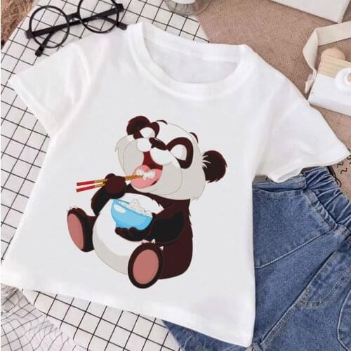 Panda Funny Eaten Rice Print T Shirt For Boys Kids Korean Style Cartoon Summer Round Neck Toddler Girl Tops Cute Leisure Clothes