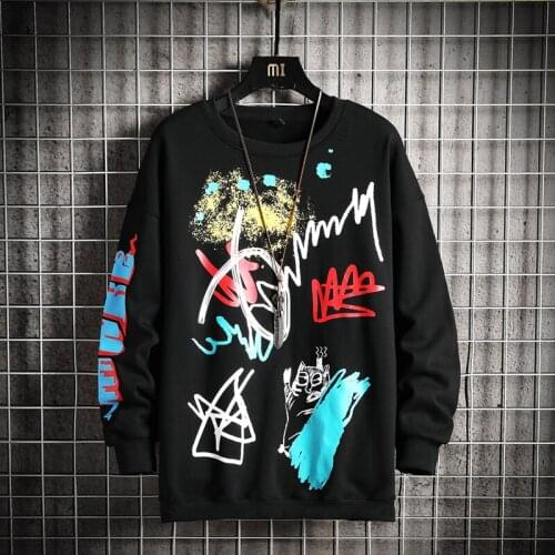 GlacialWhale Mens Crewneck Sweatshirt Men Graffiti Japanese Streetwear Hip Hop Oversized Black Hoodie Men Sweatshirts Hoodies