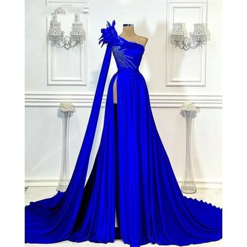 Royal Blue A-Line One Shoulder Sweep Train Knitting Celebrity Dresses With Beading Sashes