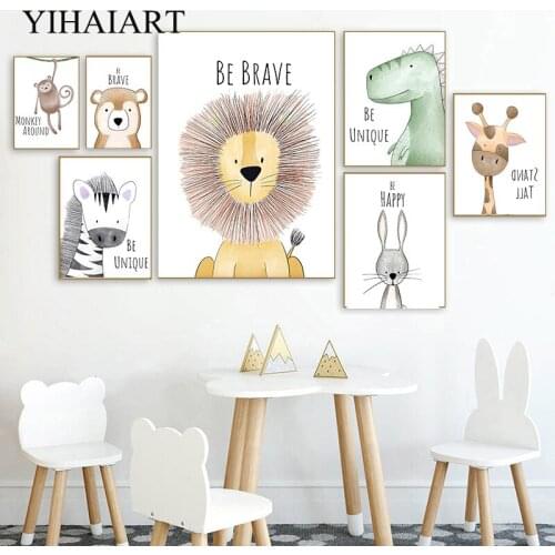 Cartoon Animal Poster Giraffe Canvas Print Baby Nursery Wall Art Painting Dinosaur Lion Nordic Kids Bedroom Decoration Picture
