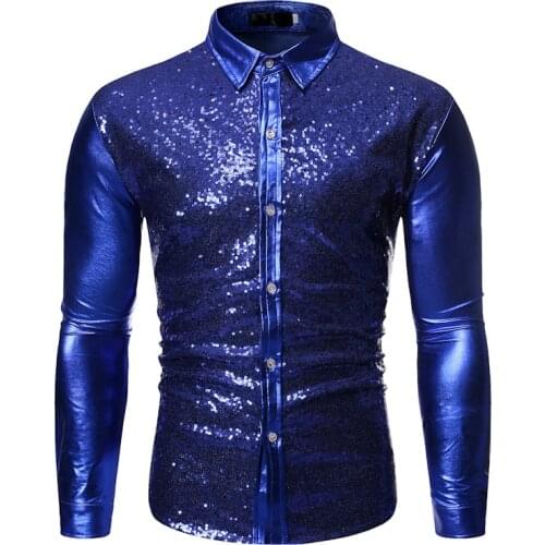 Royal Blue Sequins Shirt Men Chemise Homme 2022 Fashion Shiny DJ Nightclub Shirt Mens Party Wedding Tuxedo Dress Shirts Camisas