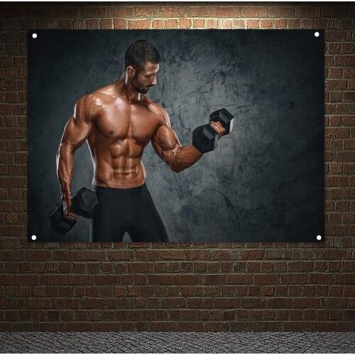 Muscular Men Lifting Weights Workout Banner Flag Wall Art Exercise With Dumbbell Poster Canvas Painting Tapestry Mural Gym Decor