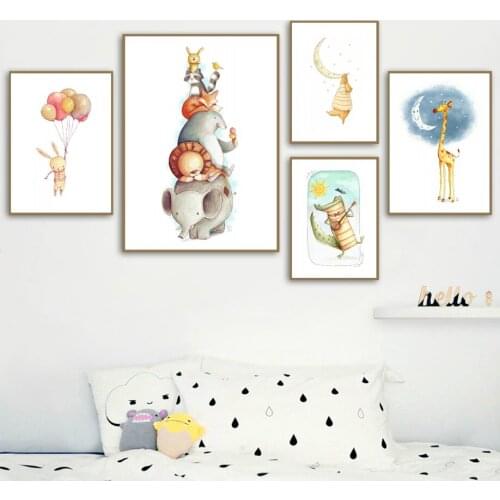 Wall Art Canvas Painting Bear Rabbit Fox Giraffe Lion Cartoon Nordic Posters And Prints Wall Pictures Baby Kids Room Home Decor