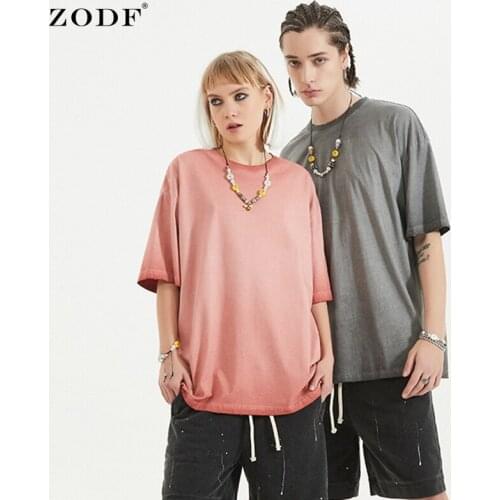 ZODF New 2021 Mens Summer Washed Old T Shirts Loose Edges Oversized Solid Retro High Street O-Neck T-shirt Tops HY0189