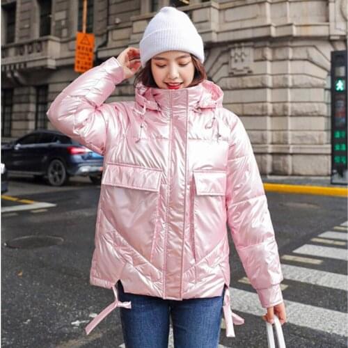 New Arrival Women Winter Jacket Shining Fabric Cotton Padded Warm Thicken Short Coat Hooded Vogue Parka Female Veste Femme