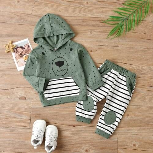 Autumn Spring Warm Baby Boys Clothes Casual Two-piece Set Army Green Stripe Printed Bear Hooded Pullover and Elastic Waist Pants
