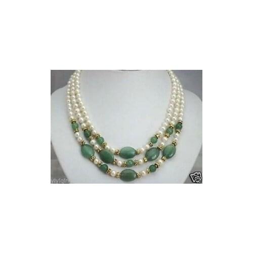 Wholesale new charming 3 rows 7-8mm white pearl and green Jade necklace