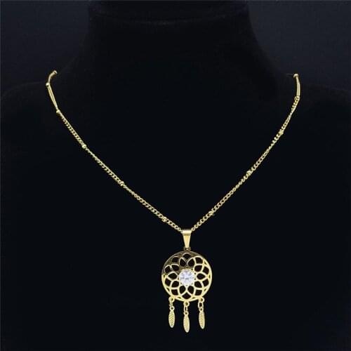 Stainless Steel Crystal Dreamcatcher Tassel Necklace Charm Women Flower Flower of Life Bohemia Necklaces Boho Jewelry N8038S05