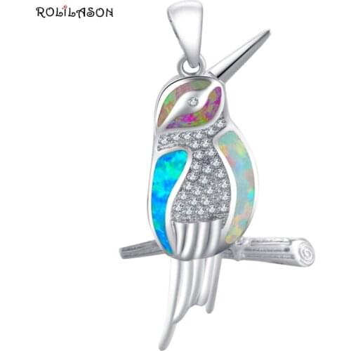 ROLILASON Lovely Bird Designer Color Fire Opal 925 Silver Necklace Pendants Fashion jewelry for women OP696