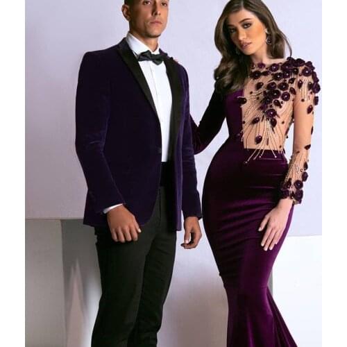 Luxury Velvet Evening Dresses Long Sleeves Mermaid Party Gowns Couture Flowers Beaded Illusion Prom Dresses Graduation Robes