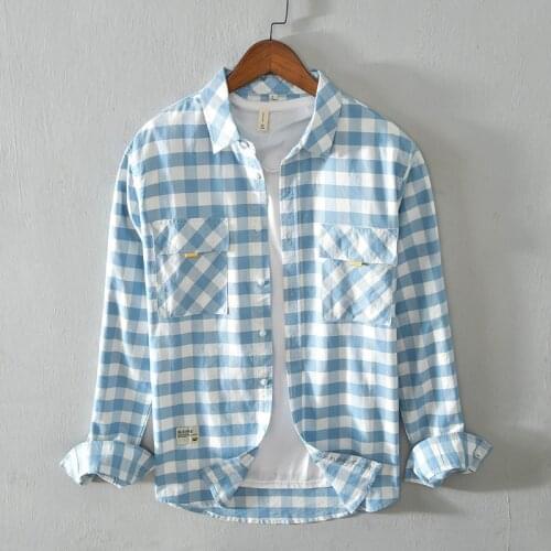 Big Paid Long Sleeve Shirts for Men Pure Cotton Casual Blue Blouse Male Autumn New Slim Comfortable Tops Man Clothing