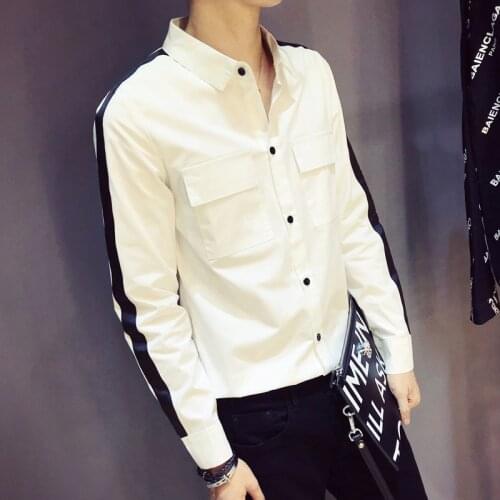 White Shirt Men Contrast Striped Cotton Slim Fit Fashion Shirts Male Two Pockets Shrink hem Long Sleeve Casual Shirt Male