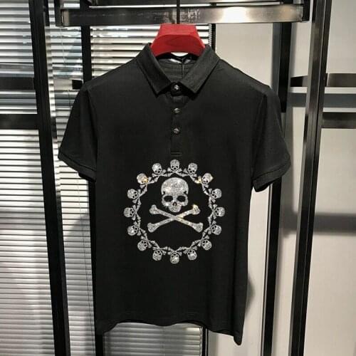 100% Pure Cotton Short Sleeve Hip-Hop Premium Mens Personality Rhinestone Skull Polo Shirt Fashion Breathable Male Brand