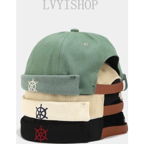 Brimless Hat Men Street Casual Docker Sailor Biker Hat Mens Corduroy Adjustable Vogue Retro Skullcap Pumpkin Navy Beanie