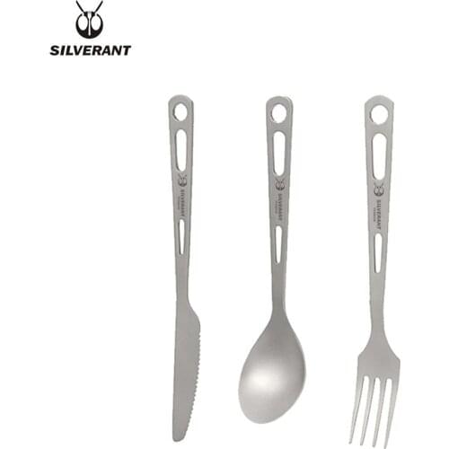 Silverant Titanium Knife Fork Spoon Ultra-Light Weight Tableware Durable Cutlery Set With Carabiner For Backpacking Camping