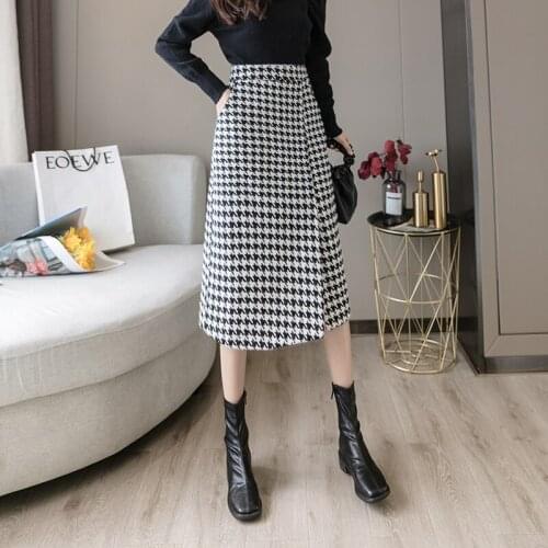 Houndstooth Plaid High Waist Long Skirts Women A-Line Autumn Split Midi Skirt Pencil Skirt Plus Size Office Lady Elegant Z036