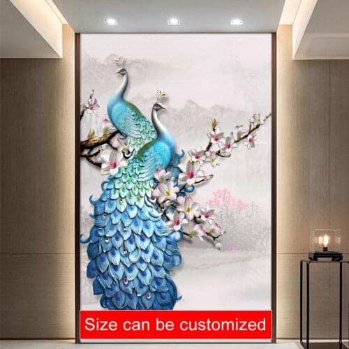 Gorgeous Peacocks Decoration Painting DIY Door Wall Sticker Bedroom Porch Art Mural Self-adhesive Waterproof PVC Wall Poster