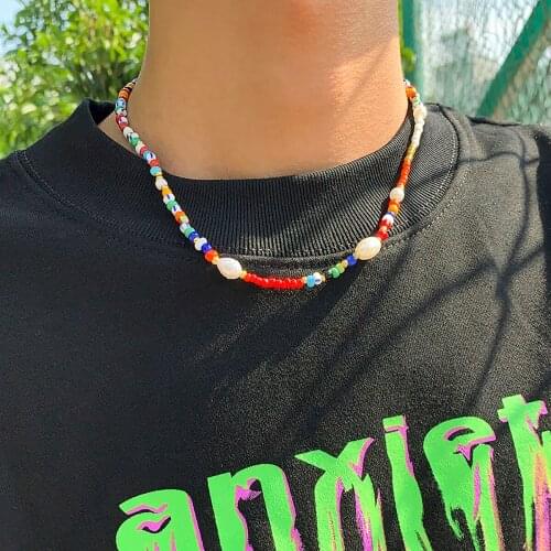 SHIXIN Vintage Asymmetry Pearl Choker Necklace for Women/Men Boho Summer Colorful Beads Necklaces Fashion Jewelry for Neck 2021