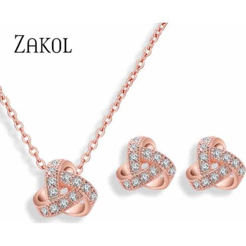 ZAKOL 3 Colors Fashion Bow Cubic Zirconia Necklace & Earring Set for Women Girl Bridal Wedding Jewelry Sets Dress