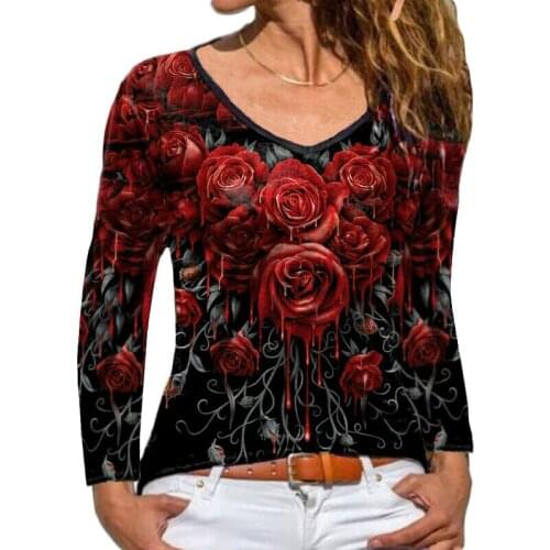 2021 Womens Printed Long-Sleeve T-Shirts Autumn Tee New Liquid Rose Pattern Tops Fashion Casual Loose Office Ladies Pullovers