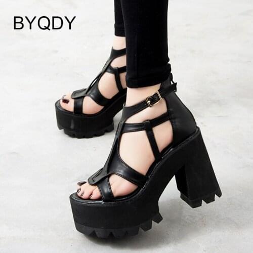 BYQDY Gladiator Sandals Women Shoes High Heels Black Platform Sandals Summer Thick Bottom Comfortable Roman Style Top Quality