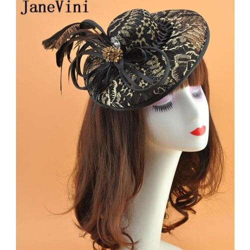 JaneVini Vintage Black Gold Lace Wedding Hats with Flower Feather Fascinator for Bridal Headwear Female Wedding Hair Accessories
