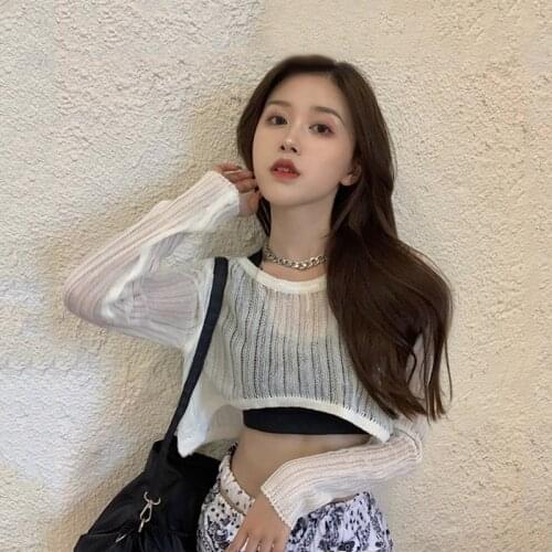 Korean Style Women Clothes Hollow Out Thin Cropped Sweater O-Neck Long Sleeve Sexy Knitted Sweater Chic Female Streetwear Tops