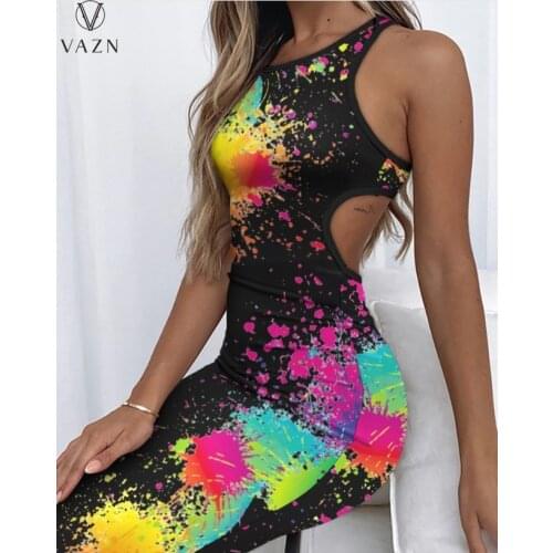 VAZN 2021 New Fashion Hot Sale Women Sexy Beach Style Long Dresses Sleeveless Round Neck Dew Back Printed Mid Long Dresses