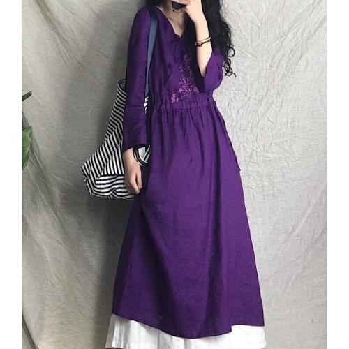 Women Spring Embroidered Loose Waisted Dress Ladies Solid Color Vintage Linen Dress Female Flax Dresses 2021 Sprign Autumn