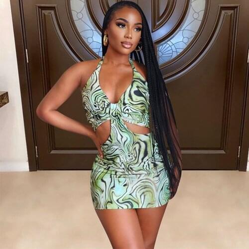 Off The Shoulder Summer Package Hip Dresses Women Halter Neck Backless Slim Fit Dress Hipster Aesthetic Print Cut Out Vestidos