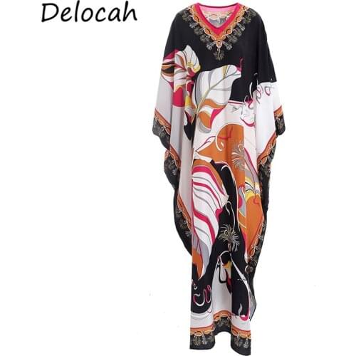 Delocah Spring Summer Dress Fashion Ruwan Women Batwing Sleeve Vintage Printed Holiday Female Maxi Dresses vestidos