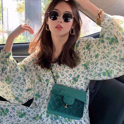 Vintage Floral Dress Women Elegant Chiffon Green Dress Puff Long Sleeve V Neck Midi Dress Fall Dresses for Women