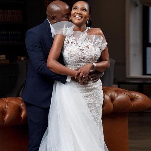 Floral Lace Mermaid Wedding Gown Reomve Train Rhonestone Belt Bridal Dresses Tulle Overskirt Vestido De Novia