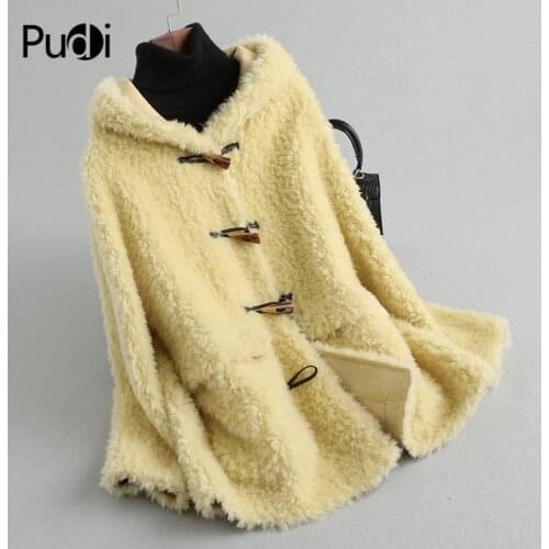 PUDI A19504 Women Winter Genuine Wool Fur Coat Winter Buckler Horn Warm Lady Hood Coat Jacket Over Size Parka