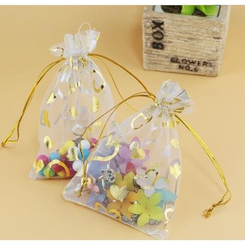 100pcs White organza bags with heart printing organza gift bags for Wedding