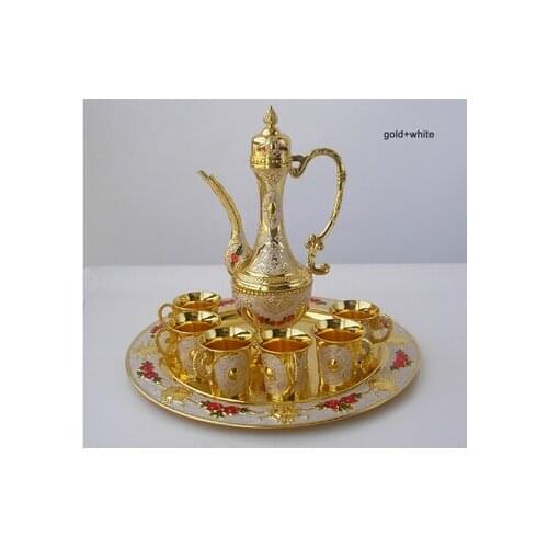 8 PCS/set alloy metal gold white wine set kitchen dining bar 6 wine cups 1 jar 1 tray embossed carved bar set wine set JJ006