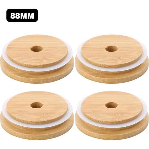 4pcs 70mm 88mm Bamboo Wide Mouth Mason Jars Lids With Straw Holes Leakproof Wooden Jar Lids With Removable Silicone Ring