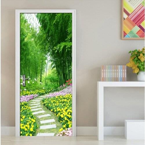 Bamboo Forest Flower Grass Small Road 3D Door Sticker Mural Vinyl Wall Decal Art Bedroom Door Stickers Waterproof DIY Home Decor