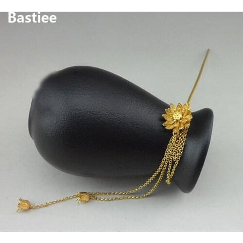 Bastiee Lotus Flower 999 Sterling Silver Hair Stick Hmong Handmade Hairpin Golden Plated Jewelry Luxury Gift