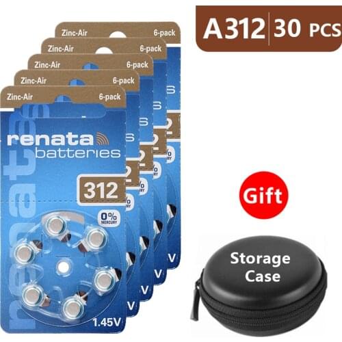 Hearing Aid Batteries Size 312 za Renata,Pack of 30,Brown Tab PR41 1.45V Type A312 AU-6nh Zinc Air Battery e p312 with Box Case