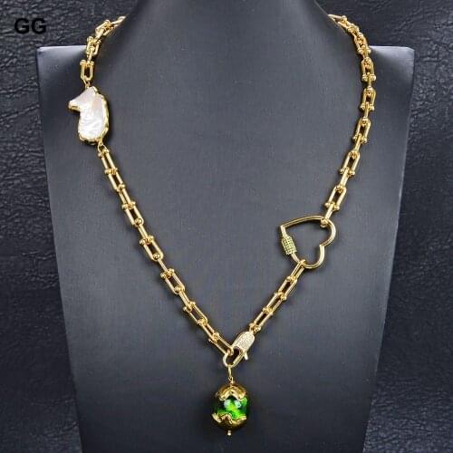 GG Jewelry 23'' Green Agate Natural White Pearl Yellow Gold Plated Chain Pendant Necklace CZ Clasp