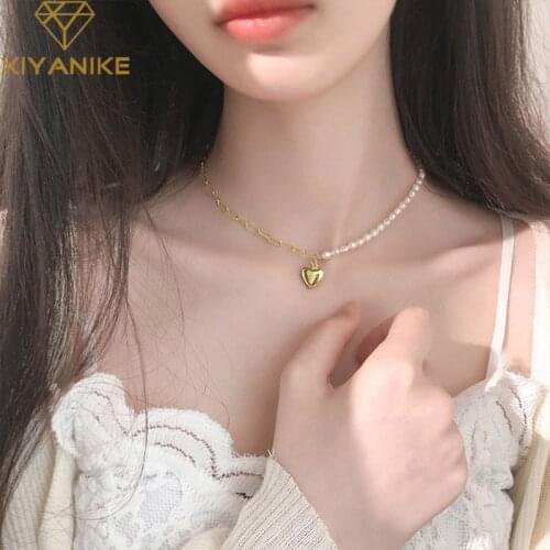 XIYANIKE 925 Sterling Silver Half Pearl Half Chain Love Pendant Necklace Female Temperament Simple Elegant Clavicle Chain