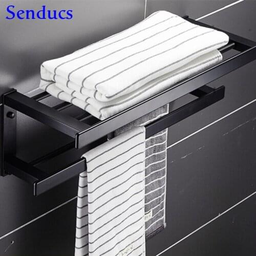 Senducs Black Towel Rack Space Aluminum Bathroom Towel Holder Double Layer Bath Towel Shelf Bathroom Hardware Accessories